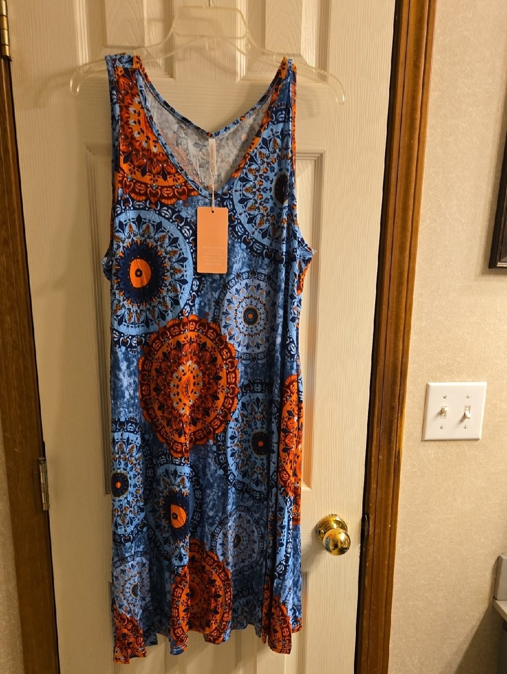 Sleeveless V-Neck Blue and Orange Printed Maxi Dress